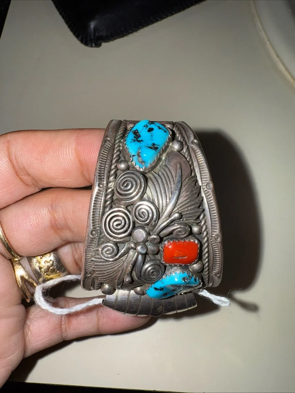 Vintage Sterling Silver Navajo Turquoise and coral inlay cuff watch